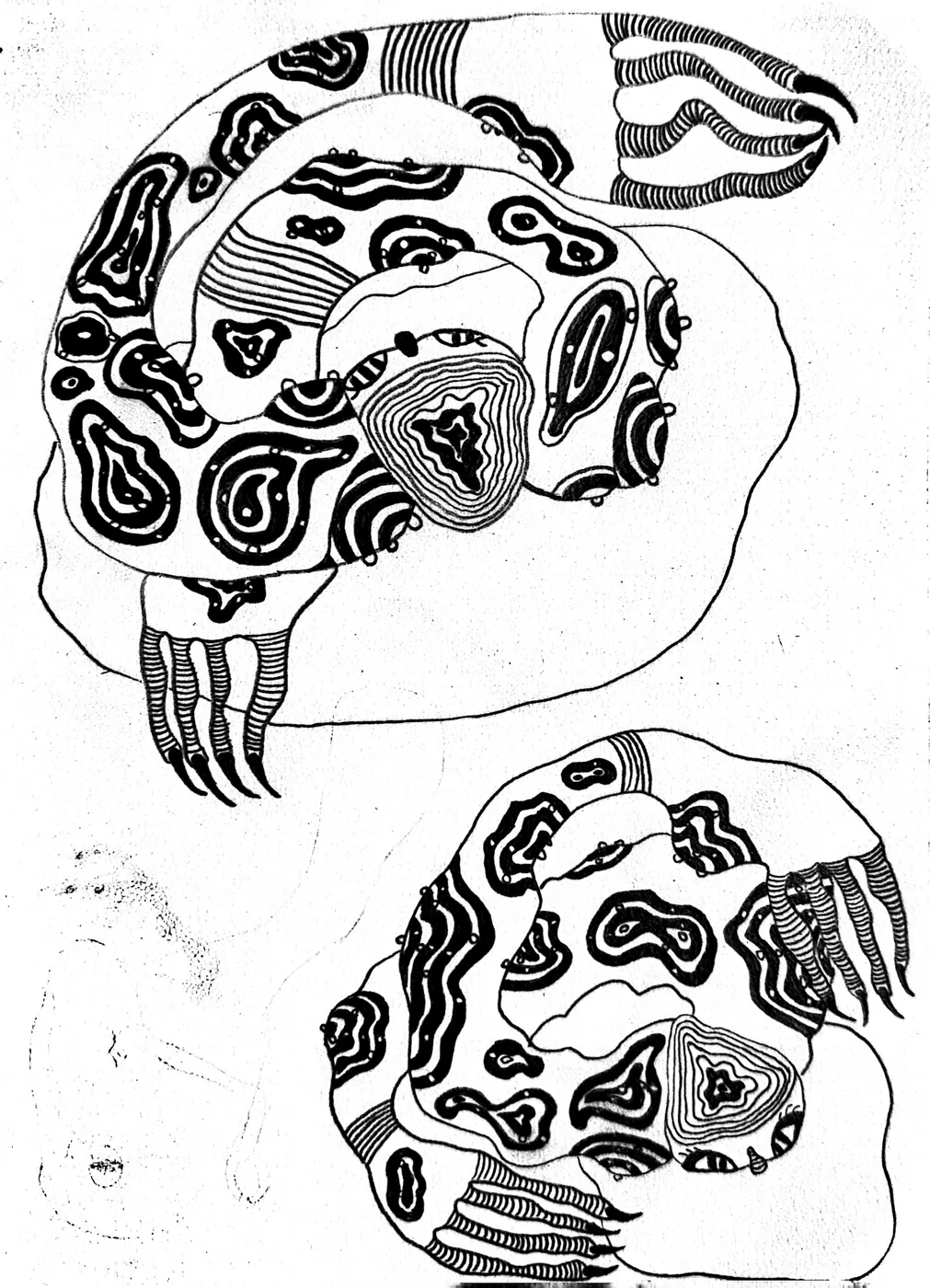 Black ink drawing of two patterned organic figures with elongated hands